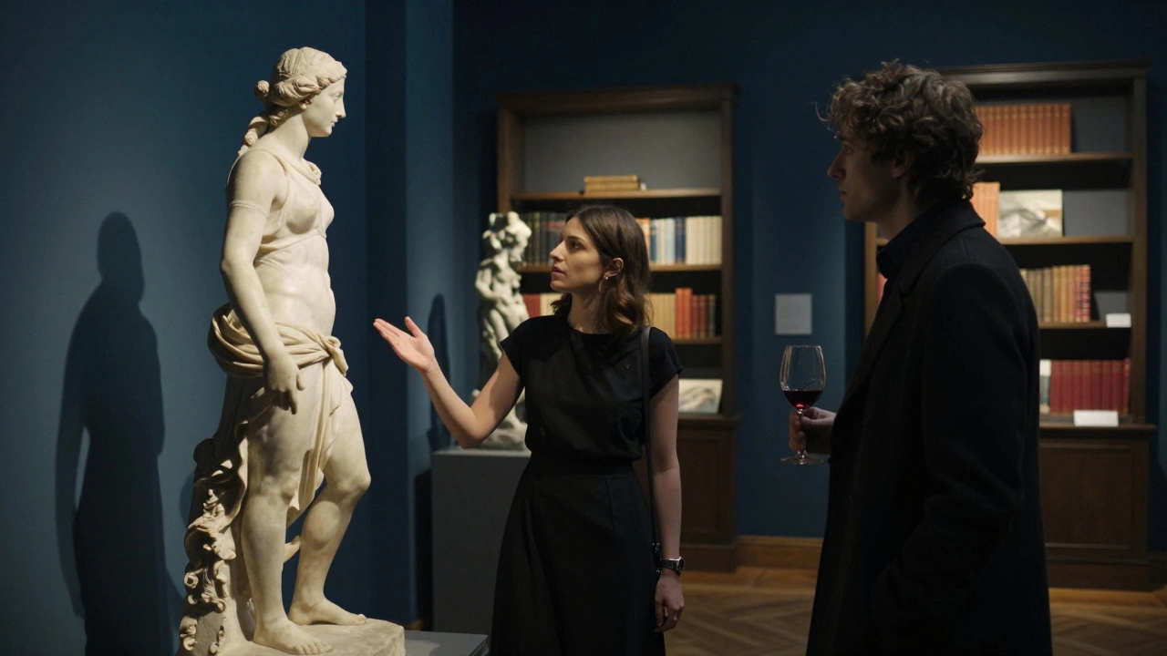 A woman explaining art to a client in a dimly lit museum gallery after hours.