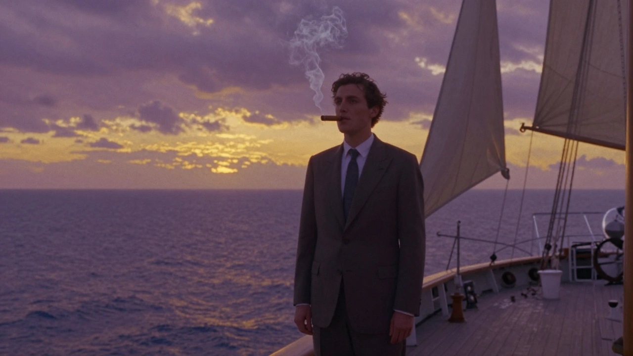 A woman in a man’s suit stands alone on a ship deck at sunset, cigar smoke rising as the ocean stretches endlessly behind her.