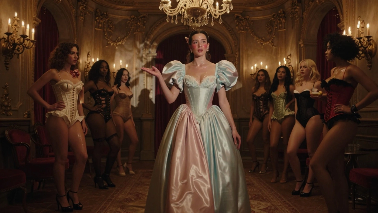 A woman in a pastel gown stands calmly in a lavish brothel, gesturing as shocked women in corsets watch her.