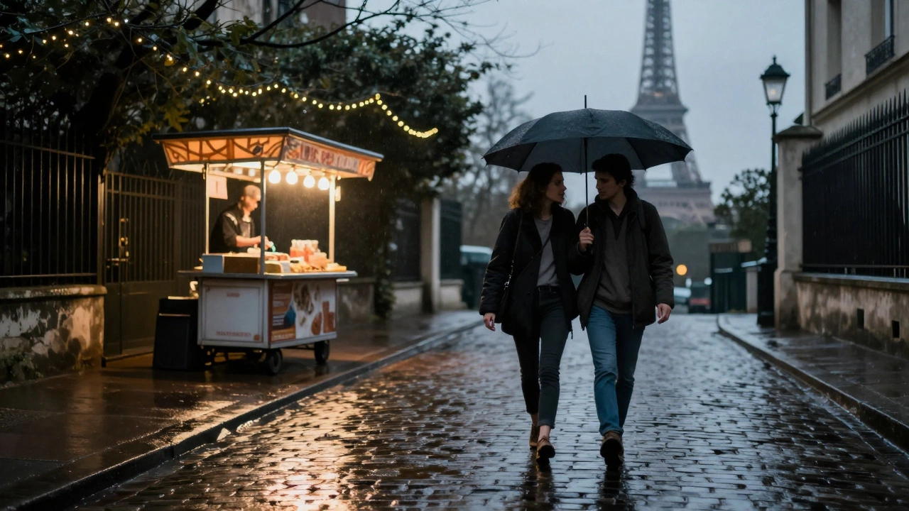 Two people walking together under an umbrella in rainy Montmartre, passing a cozy crêpe cart.